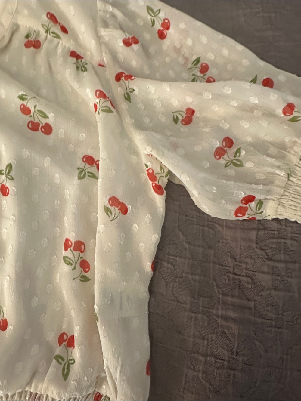 Cream Cherry Print Peasant Blouse Medium - Picture 3 of 4